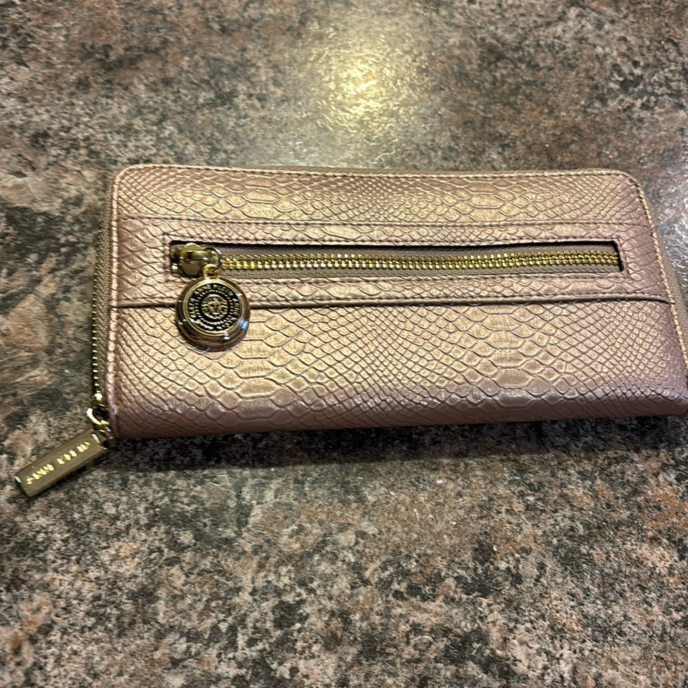 Anne Klein blush, shimmery pink zip wallet.